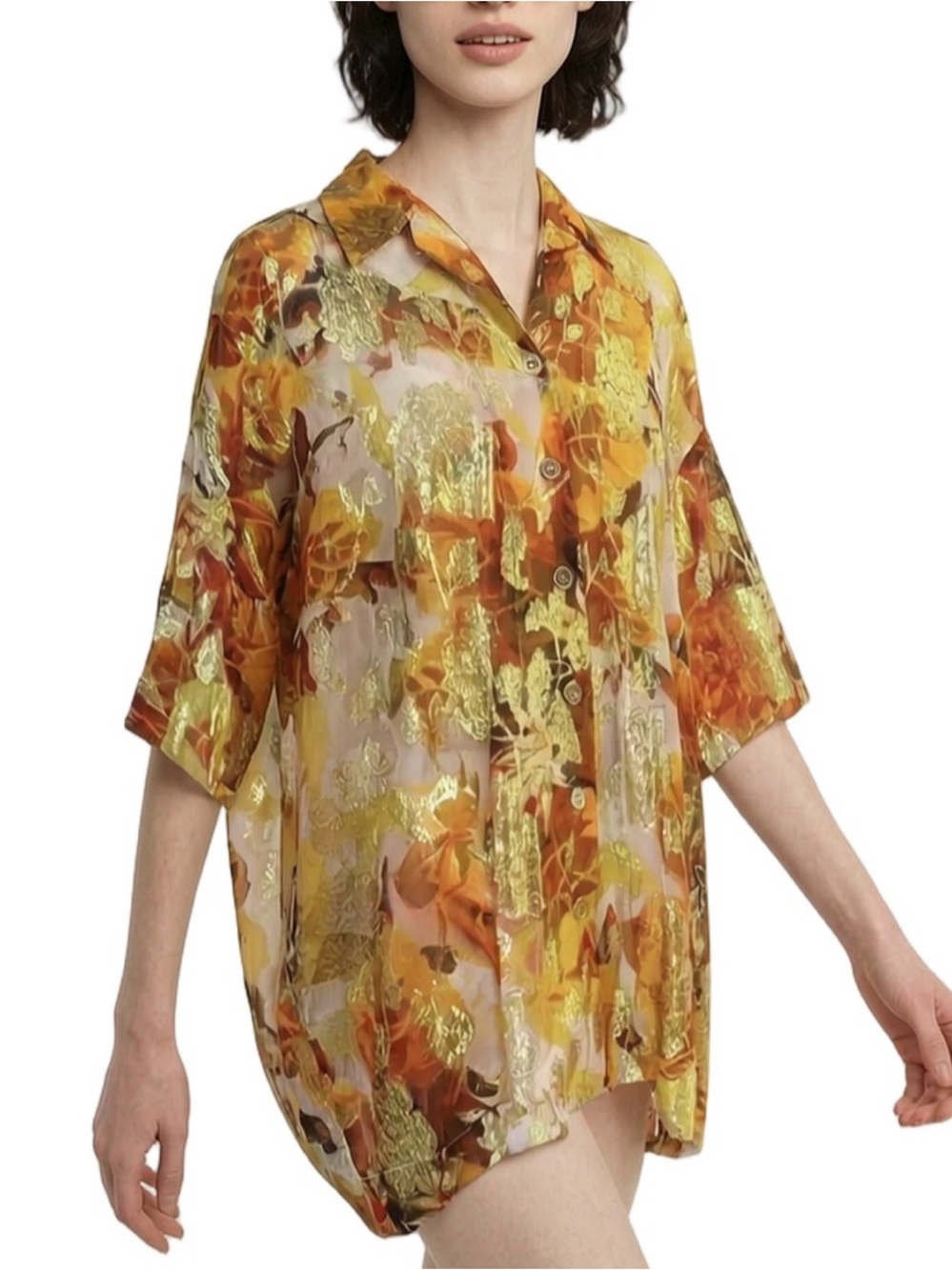 TOPSHOP orange metallic gold sheer short sleeve collared tunic Unique split back - Picture 14 of 14